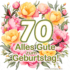 Ein elegantes GIF mit einem Blumenkranz in zarten Tönen, der großen Zahl 70 und den Worten 'Alles Gute zum Geburtstag'.