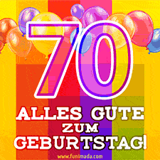 Große Zahl 35 in Umrissschrift, die Worte 'Alles Gute zum 70. Geburtstag', mehrfarbige animierte Ballons und lebendiger Hintergrund.