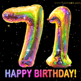 Shiny number 71 birthday celebration balloons with an iridescent glow and glitter on a black background with twinkling stars.
