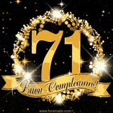 Il numero 71 è circondato da un anello dorato brillante, accompagnato da un nastro elegante con la scritta 'Buon Compleanno!' su uno sfondo scuro.