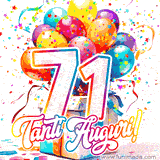 Animazione con palloncini colorati e scintillanti, accompagnata dal numero 71 in caratteri grandi e luminosi, e la scritta 'Tanti Auguri!' in stile vivace.