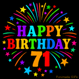 A birthday cake with lit candles is shown with colorful balloons and animated confetti.