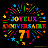 GIF animé 'Joyeux Anniversaire 71' avec des lettres colorées et des feux d'artifice éclatants