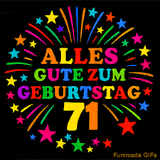 Animiertes GIF 'Alles Gute zum Geburtstag 71 mit bunten Buchstaben und leuchtenden Sternen