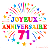 GIF animé joyeux anniversaire 71 ans avec étoiles multicolores et feu d’artifice