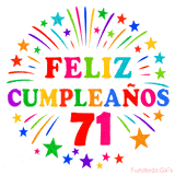 Imagen animada para felicitar los 71 años con letras de colores y diseño festivo.