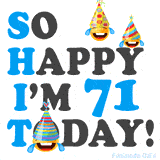 A fun birthday animation celebrating turning 71 with colorful party hats, smiling faces, and cheerful emojis.