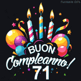 Augura buon compleanno ai 71 anni con questa GIF colorata e festosa: palloncini, stelle e candele per un augurio digitale indimenticabile