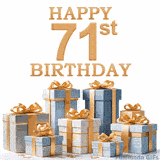 Festive animated eCard with elegant 'Happy 71st Birthday' text above a pile of luxurious blue, white, and gold gift boxes and presents.