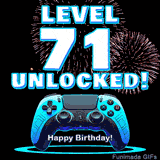 Animated GIF for a 71 birthday. The text 'Level 71 Unlocked!' and 'Happy Birthday!' are displayed over a blue video game controller with exploding fireworks in the background.