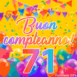 Un GIF animato per un 71° compleanno, Presenta il testo 'Buon Compleanno 71' su uno sfondo giallo vivo con palloncini colorati, festoni e una pioggia di coriandoli.