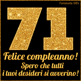 Un GIF animato per un 71° compleanno, Presenta il testo 'Buon Compleanno 71' su uno sfondo giallo vivo con palloncini colorati, festoni e una pioggia di coriandoli.