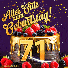 Eine köstlich aussehende animierte Geburtstagskarte für den 71. Geburtstag, dekoriert mit Erdbeeren, Blaubeeren und goldenen Details, Sterne funkeln und fallen, mit 'Alles Gute zum Geburtstag!'-Text.
