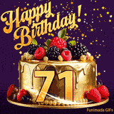 A delicious-looking animated birthday card for a 71st birthday, decorated with raspberries, blackberries, and gold details, Stars sparkle and fall, with 'Happy Birthday!' text above.