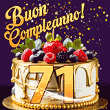 Un GIF animato di una bellissima torta per il 71° compleanno con glassa dorata e frutti di bosco freschi, Il numero dorato 71 è davanti, e stelle cadono su uno sfondo viola scuro.