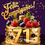 Una animación de celebración de una tarta para el 71º cumpleaños, Estrellas doradas caen del cielo, destacando el texto '¡Feliz Cumpleaños!' y el número dorado 71 en la tarta.