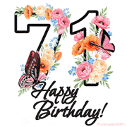 A floral 71st birthday animated greeting card. The number '71' is surrounded by animated flowers and butterflies, creating a beautiful and cheerful way to celebrate the milestone.
