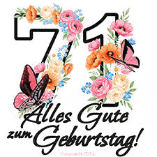 Ein florales GIF zum 71. Geburtstag. Die Zahl '71' ist von animierten Blumen und Schmetterlingen umgeben und bietet eine schöne und fröhliche Art, den Meilenstein zu feiern.