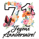 Ce GIF de Joyeux 71ème Anniversaire présente le nombre vingt rempli d'un bouquet vibrant de fleurs animées, avec des papillons qui bougent doucement sur un fond blanc.