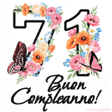 Questo GIF di Buon 71° Compleanno mostra il numero venti riempito con un vibrante bouquet di fiori animati, con farfalle che si muovono dolcemente su uno sfondo bianco.
