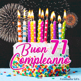 GIF buon compleanno 71 anni con torta decorata, candeline animate e scintille di luce che circondano la scritta rosa centrale.
