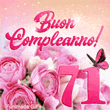 GIF buon compleanno 71 anni con fiori rosa, farfalla animata e scintille di luce che circondano il numero rosa centrale.