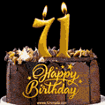 71 Birthday Chocolate Cake with Gold Glitter Number 71 Candles (GIF)