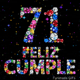 El dígito 71 y las palabras FELIZ CUMPLE están hechos de luminosas gemas multicolores, destacando en un fondo oscuro con estrellas brillantes.