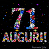 Il numero 71 e l'espressione Auguri disegnati da pietre preziose scintillanti su uno sfondo nero con piccole stelle luminose.