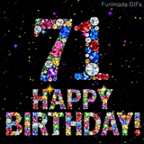 Sparkling multicolored gems outline the digit 71 and Happy Birthday words, contrasting against a black canvas filled with small flashing bright shining lights.