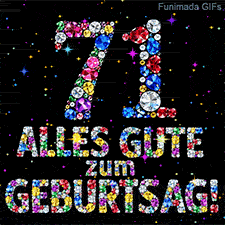 Die Ziffer 71 und die Worte Alles Gute zum Geburtstag, zusammengesetzt aus bunten Kristallen vor dunklem Hintergrund mit Glitzersternchen.