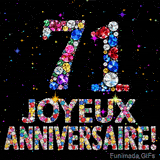 Le chiffre 71 et l'expression Joyeux Anniversaire dessinés par des pierres précieuses brillantes sur un fond noir avec de petites étoiles lumineuses.