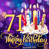 Golden number 71 and Happy Birthday script next to a cupcake with white frosting and lit candles, set against a glowing purple lighted background.