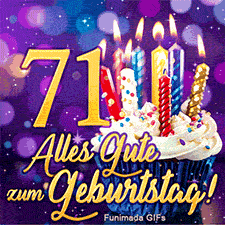 Vor einem leuchtenden violetten Hintergrund steht die Ziffer 71 in Gold. Daneben ein Muffin mit Kerzen und der goldene Schriftzug im Vordergrund.