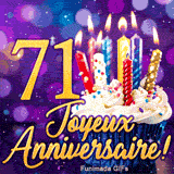 Image animée d'anniversaire 71 ans avec le chiffre 71 en or, un petit gâteau et des bougies colorées sur fond lila.