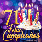 Imagen animada de cumpleaños 71 años con el número 71 en oro, un pastelito y velas de colores sobre fondo morado.