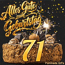 Leuchtende Wunderkerzen und herabfallende Goldsterne umgeben die Ziffer 71. Die Schokotorte trägt stolz den Text Alles Gute zum Geburtstag.