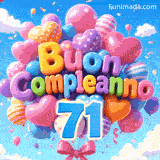 Il numero azzurro 71 pende sotto un immenso gruppo di palloncini colorati che dondolano al vento, i quali compongono Buon Compleanno in lettere 3D.