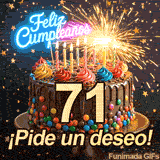 El número 71 brilla sobre un pastel decorado con grageas. Una fuente de chispas y estrellas cayendo iluminan las letras de Feliz Cumpleaños.