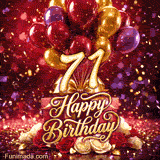 Colorful red purple and gold balloons float above gift boxes and roses framing the golden number 71 with Happy Birthday and sparkling confetti