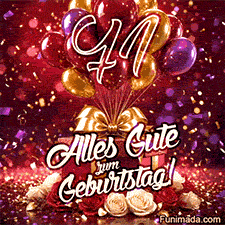 Bunte rote lila und goldene Ballons schweben über Geschenkboxen und Rosen und umrahmen die goldene Zahl 71 mit Alles Gute zum Geburtstag und funkelndem Konfetti