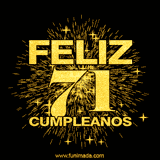 GIF animado con un diseño dorado, mostrando el número 71 rodeado de fuegos artificiales y luces que resaltan una atmósfera festiva y vibrante.