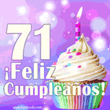 Animación de un cupcake con cobertura blanca, confites de colores, una vela encendida y el número 71 en grande sobre un fondo púrpura con luces brillantes.