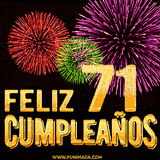 GIF animado con el número 71 en dorado, rodeado de fuegos artificiales rojos, verdes y morados, con el mensaje 'Feliz cumpleaños' en letras doradas.