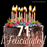 Animación de un pastel de chocolate decorado con frutas, velas encendidas y el número 71, acompañado de la palabra '¡Felicidades!' en elegante tipografía.