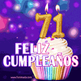 GIF animado de un cupcake decorado con confites, dos velas doradas encendidas formando el número 71, sobre un fondo púrpura brillante con destellos.
