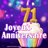 GIF animé joyeux anniversaire pour 71 ans avec un cupcake coloré, des bougies dorées en forme de 71 et un fond violet scintillant.