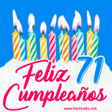 Animación de un pastel decorado con velas coloridas y encendidas, el número 71 destacado en azul y la frase 'Feliz cumpleaños' en letras estilizadas.