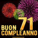Animazione di fuochi d'artificio colorati con il numero 71 in oro brillante e la scritta 'Buon Compleanno' su uno sfondo nero festivo ed elegante.