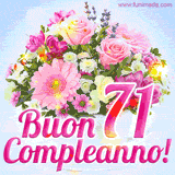 Bouquet animato con rose rosa, margherite e altri fiori colorati, con il numero 71 e la scritta 'Buon Compleanno!' in stile elegante e luminoso.
